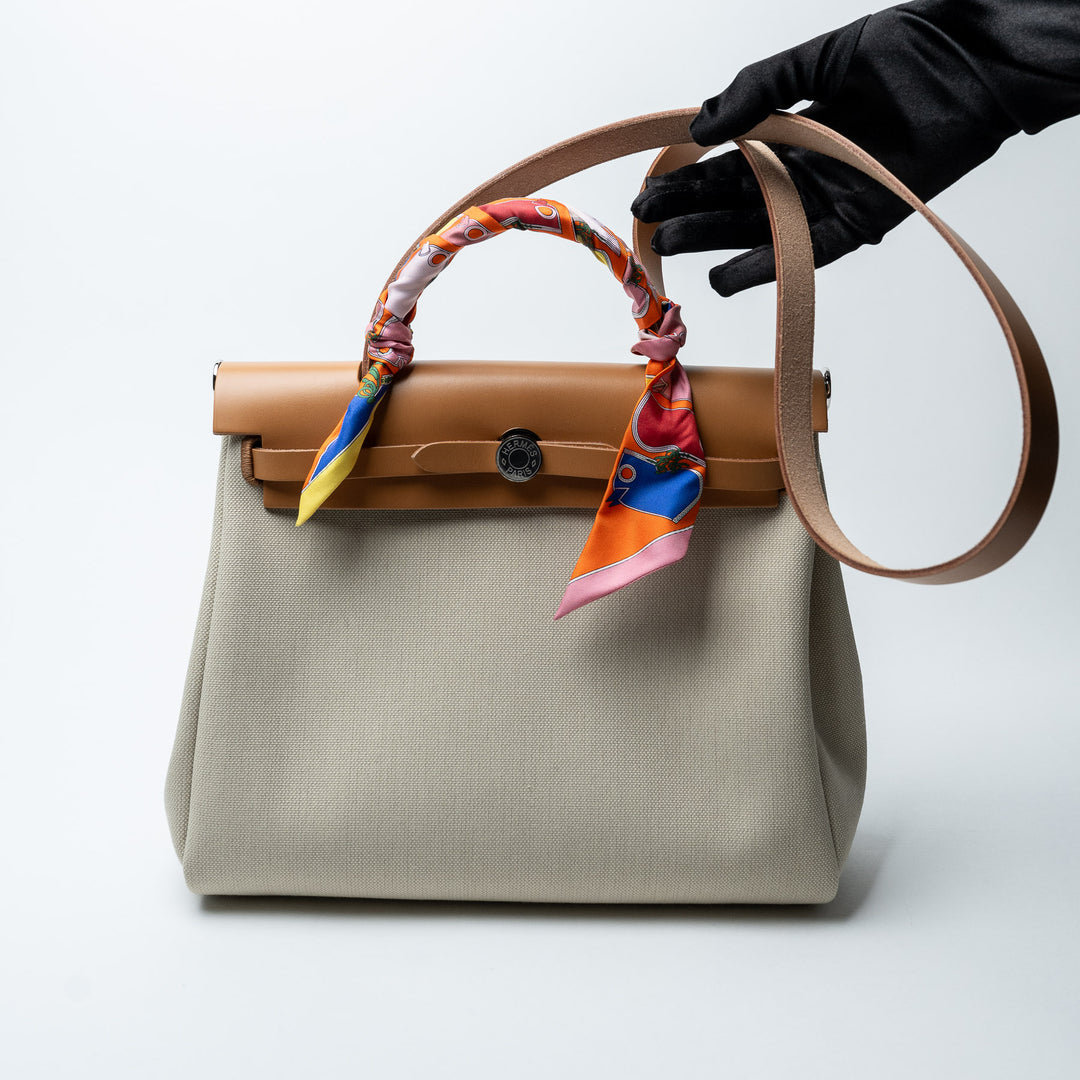 Ecru Canvas and Tan Leather Herbag 31 with Twilly. (view 4)