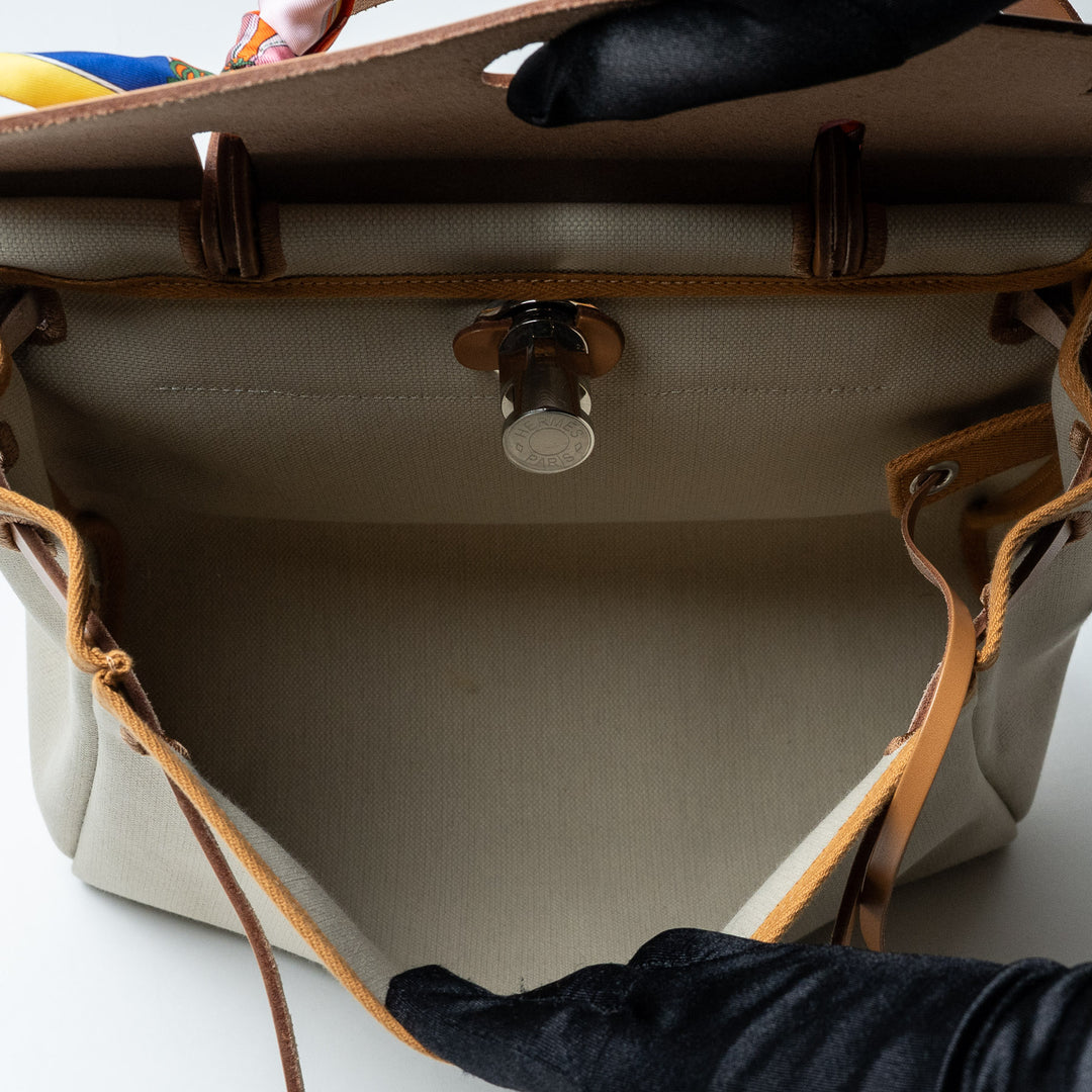 Ecru Canvas and Tan Leather Herbag 31 with Twilly. (view 5)