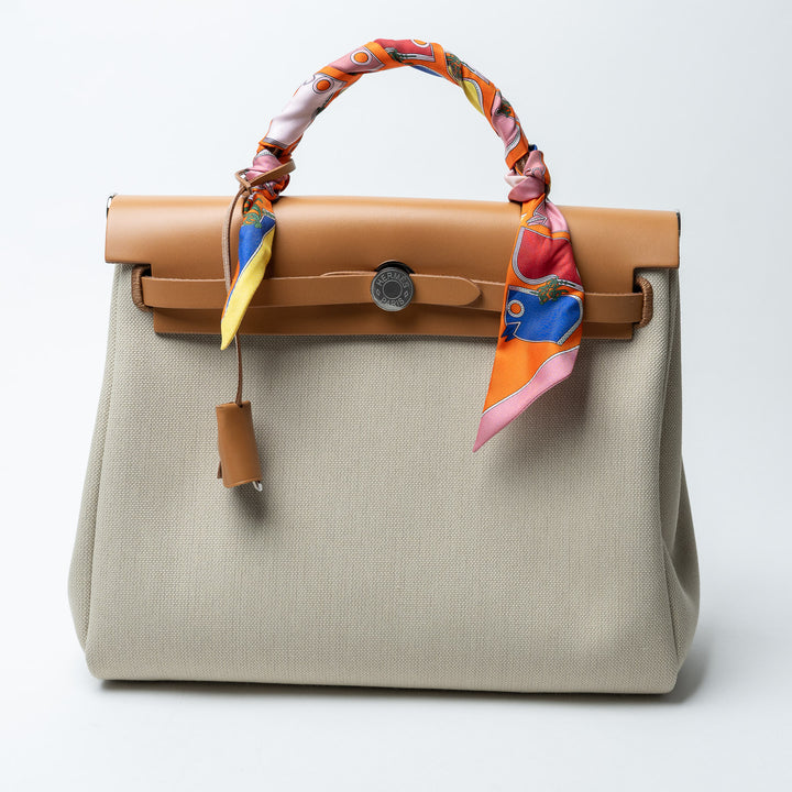 Ecru Canvas and Tan Leather Herbag 31 with Twilly. (view 2)