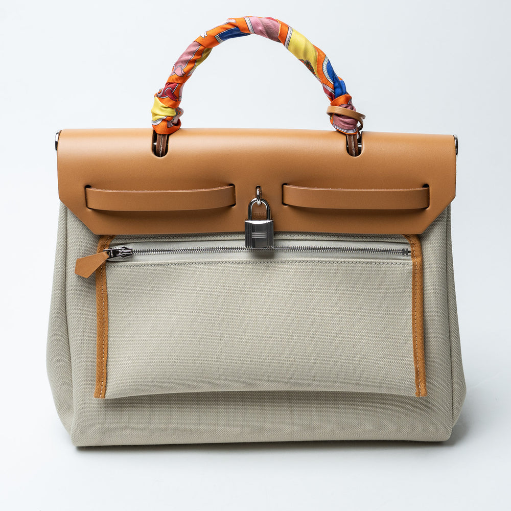 Ecru Canvas and Tan Leather Herbag 31 with Twilly. (front)