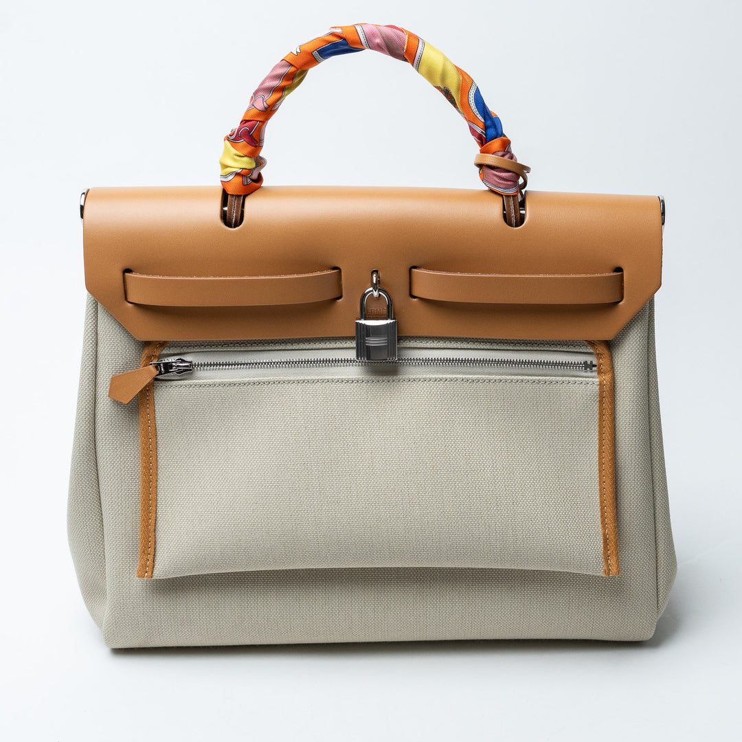 Ecru Canvas and Tan Leather Herbag 31 with Twilly. (front)