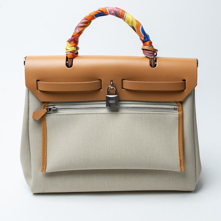 Ecru Canvas and Tan Leather Herbag 31 with Twilly. (front)