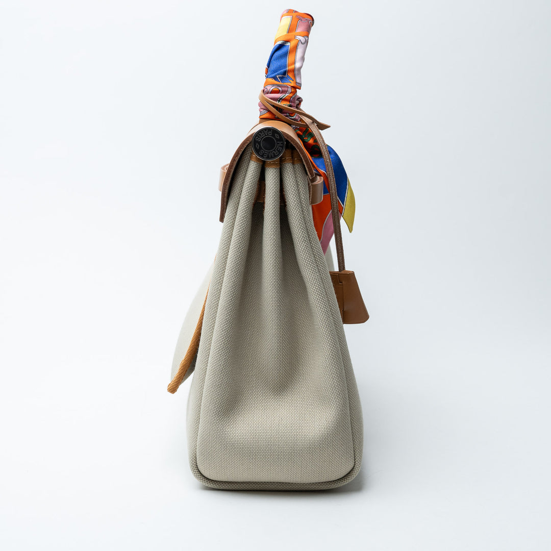Ecru Canvas and Tan Leather Herbag 31 with Twilly. (view 3)
