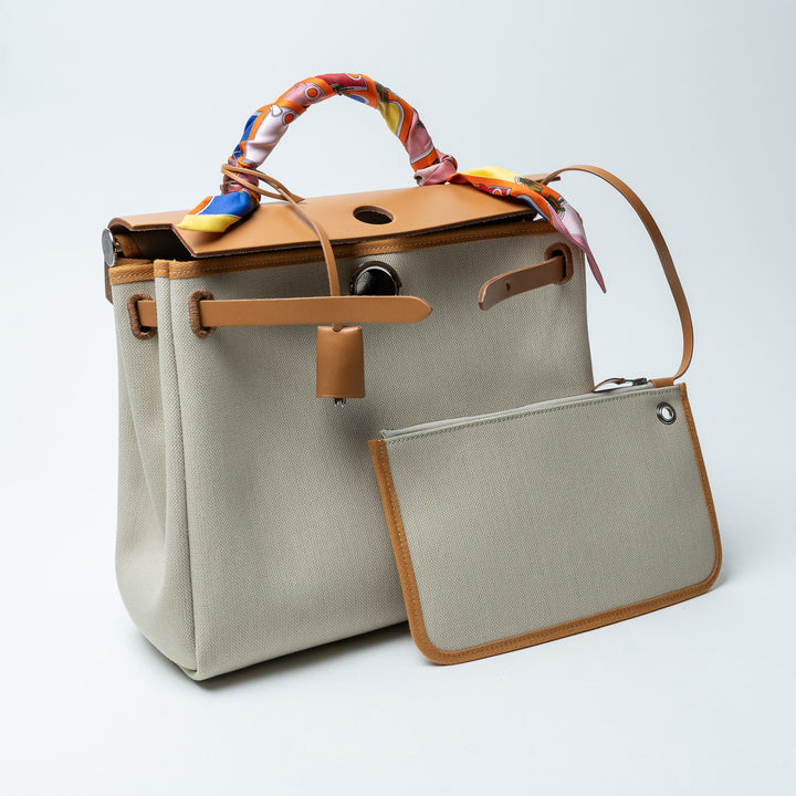 Ecru Canvas and Tan Leather Herbag 31 with Twilly. (view 9)