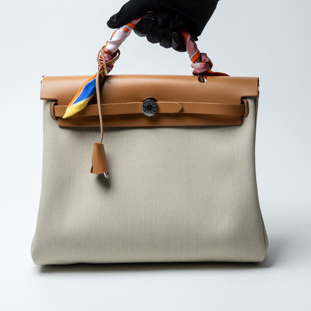 Ecru Canvas and Tan Leather Herbag 31 with Twilly. (view 11)
