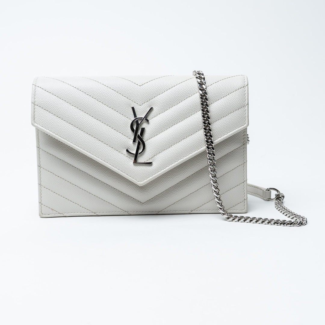 White Chevron Quilted Leather Envelope Wallet on Chain. (front)