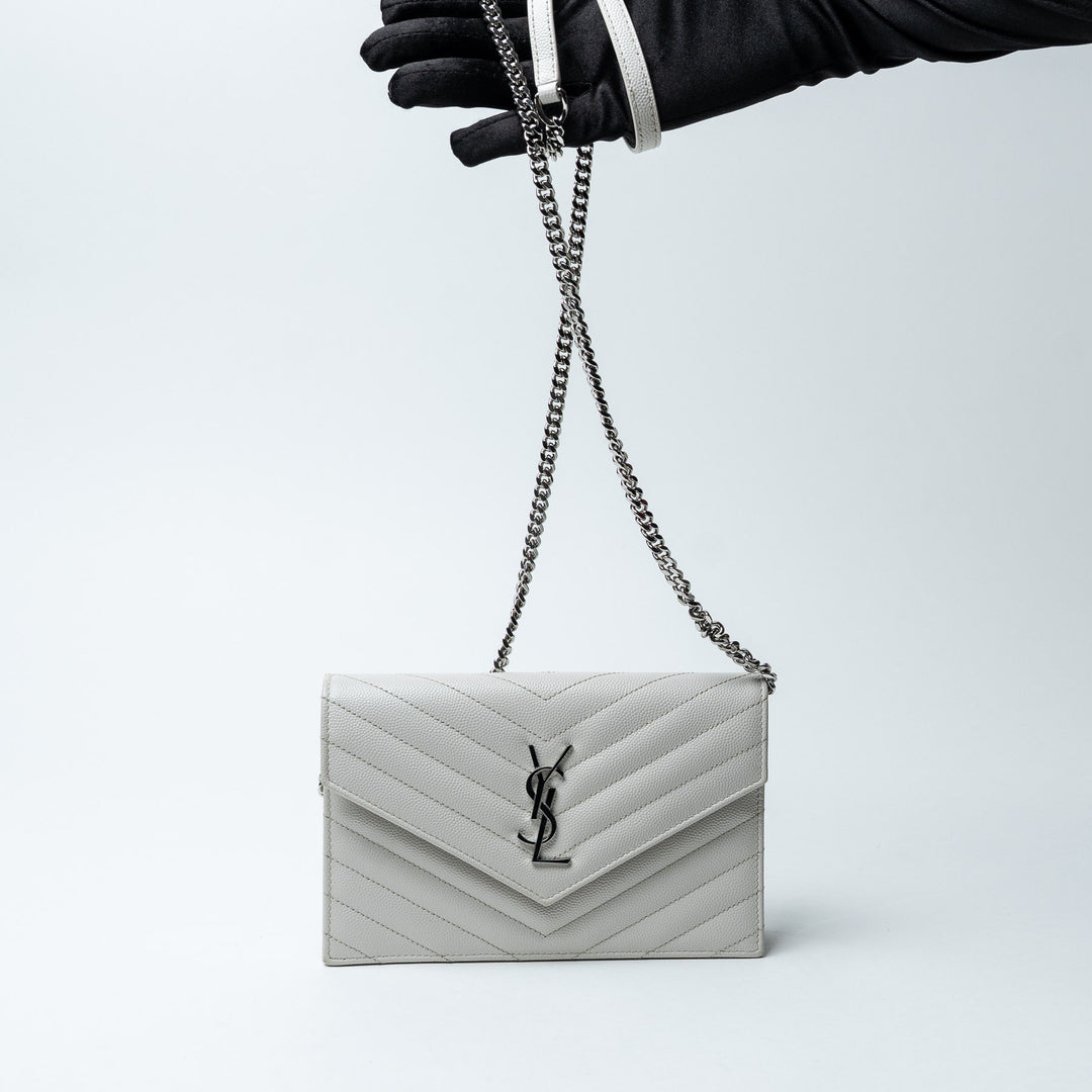 White Chevron Quilted Leather Envelope Wallet on Chain. (view 9)