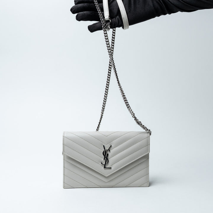 White Chevron Quilted Leather Envelope Wallet on Chain. (view 9)