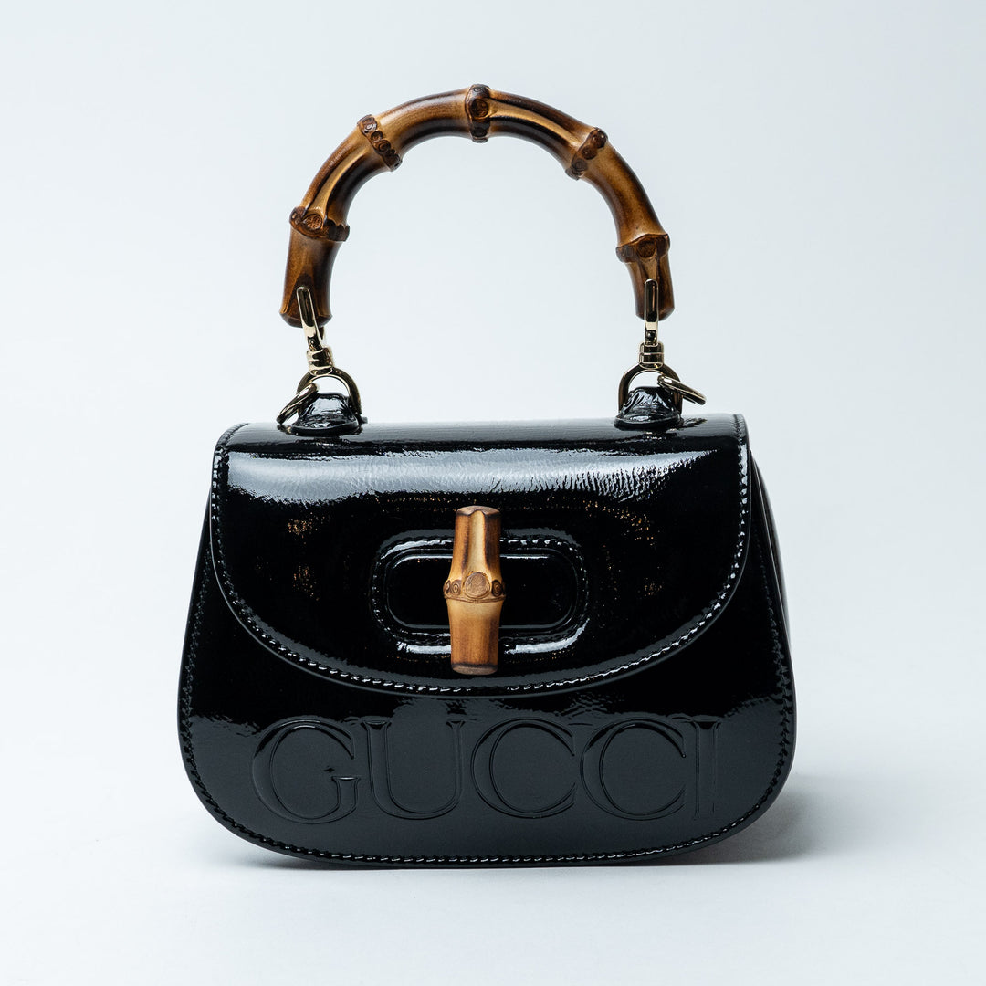 Black Patent Leather Bamboo 1947 Top Handle Bag. (front)