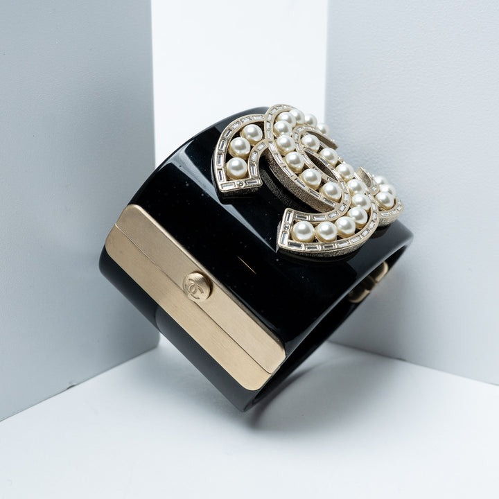 Black Resin Faux Pearl Cuff Bracelet. (view 2)