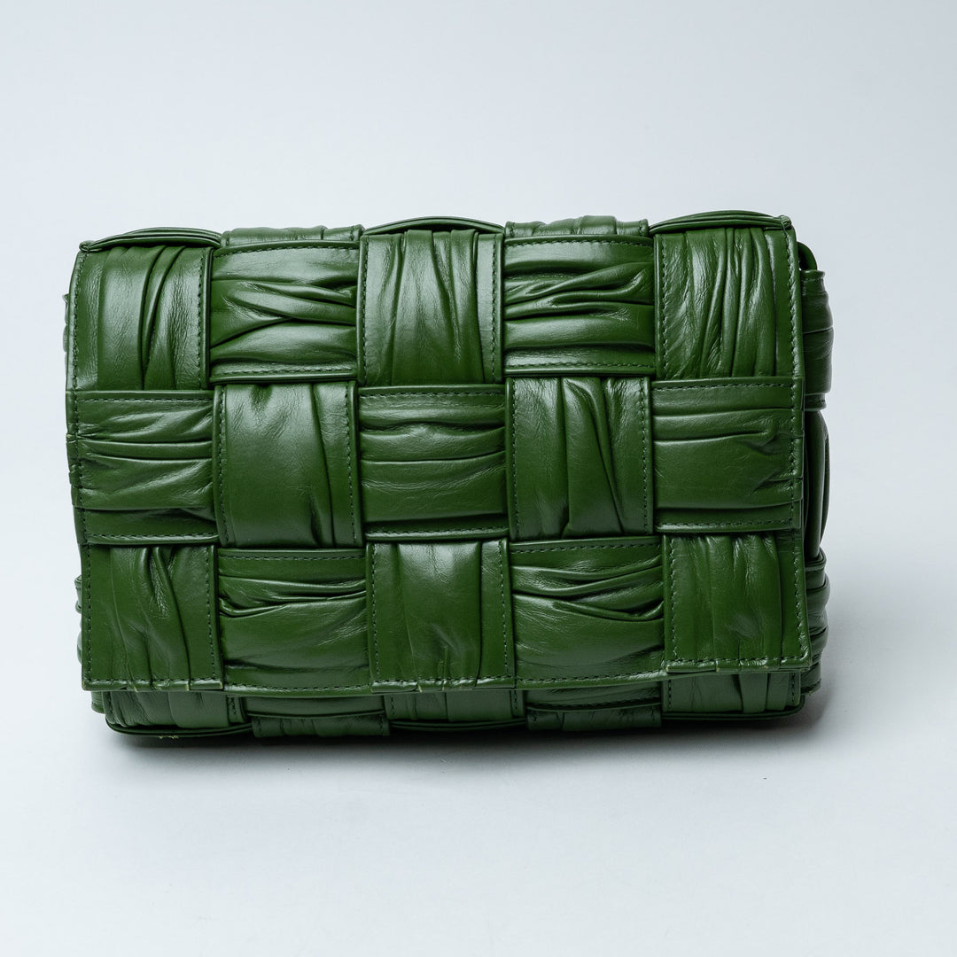 Green Intrecciato Leather Plissé Cassette Shoulder Bag. (front)