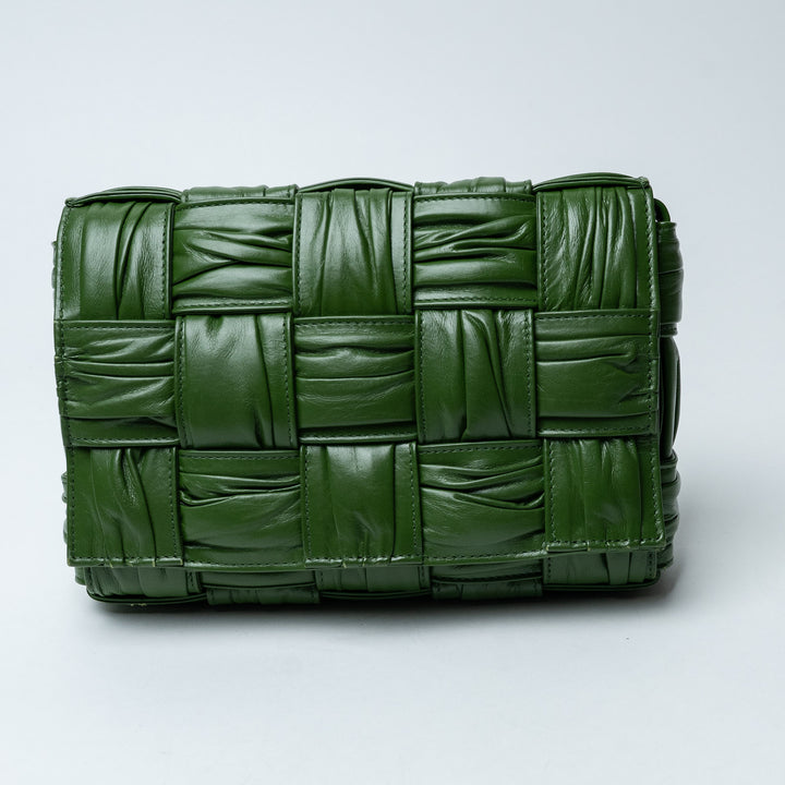 Green Intrecciato Leather Plissé Cassette Shoulder Bag. (front)