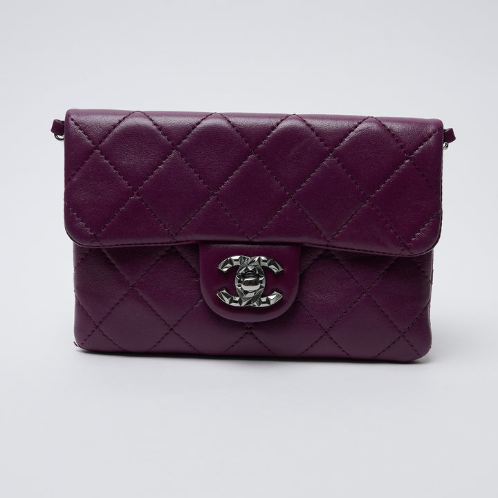 Purple Lambskin Leather Quilted Mini Flap Bag. (front)