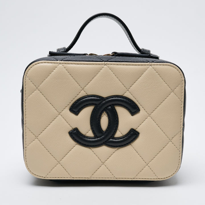 Cream and Black Caviar Leather Filigree Vanity Case. (front)