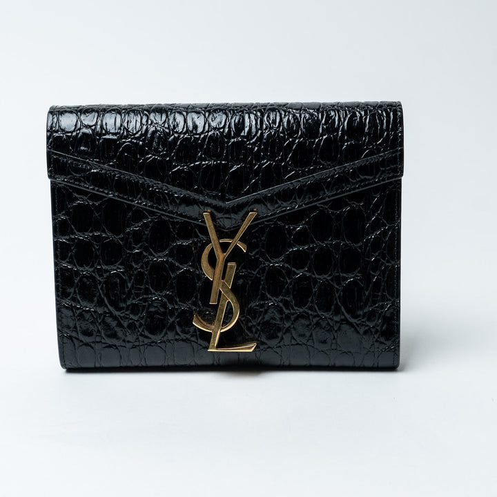 Black Croc-Embossed Leather Cassandre Chain Clutch. (front)