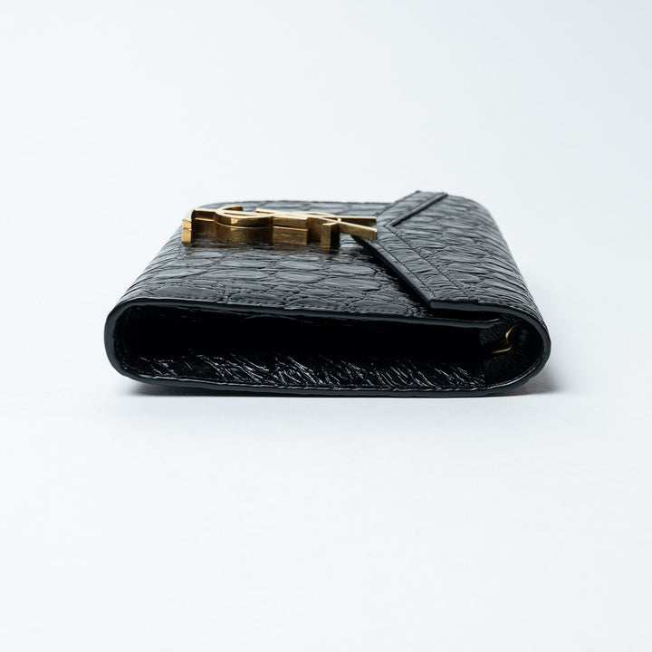Black Croc-Embossed Leather Cassandre Chain Clutch. (view 3)