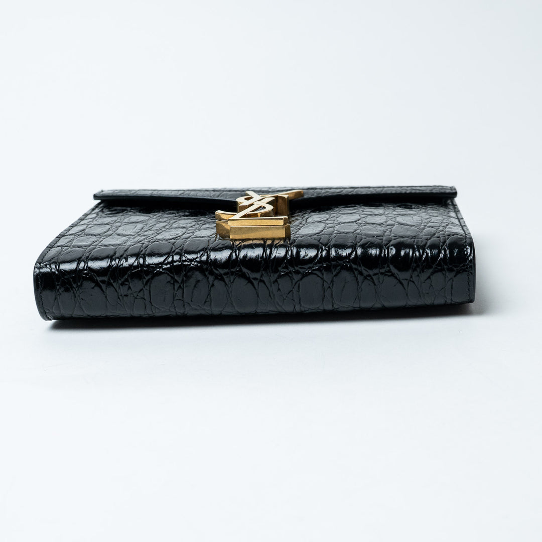 Black Croc-Embossed Leather Cassandre Chain Clutch. (view 4)