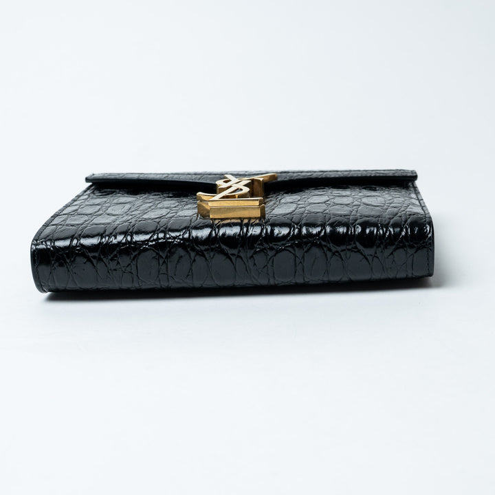 Black Croc-Embossed Leather Cassandre Chain Clutch. (view 4)