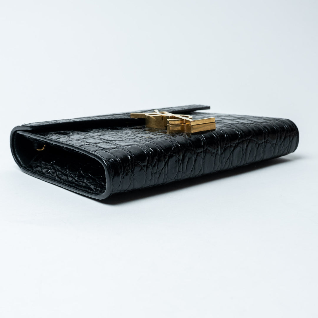 Black Croc-Embossed Leather Cassandre Chain Clutch. (view 5)