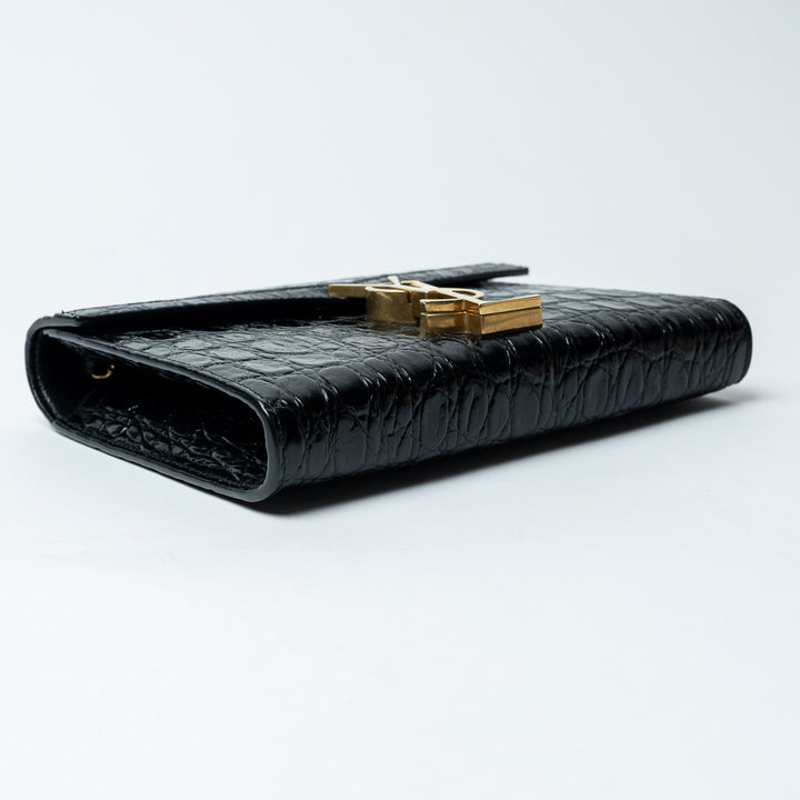 Black Croc-Embossed Leather Cassandre Chain Clutch. (view 5)
