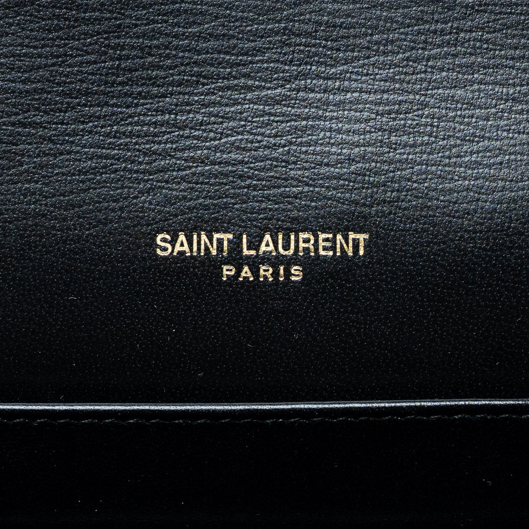 Black Croc-Embossed Leather Cassandre Chain Clutch. (view 7)