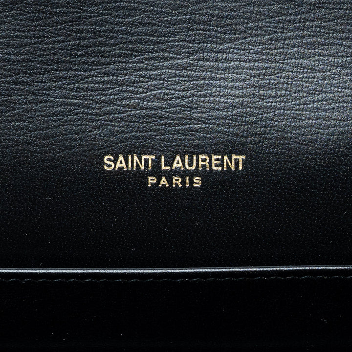 Black Croc-Embossed Leather Cassandre Chain Clutch. (view 7)