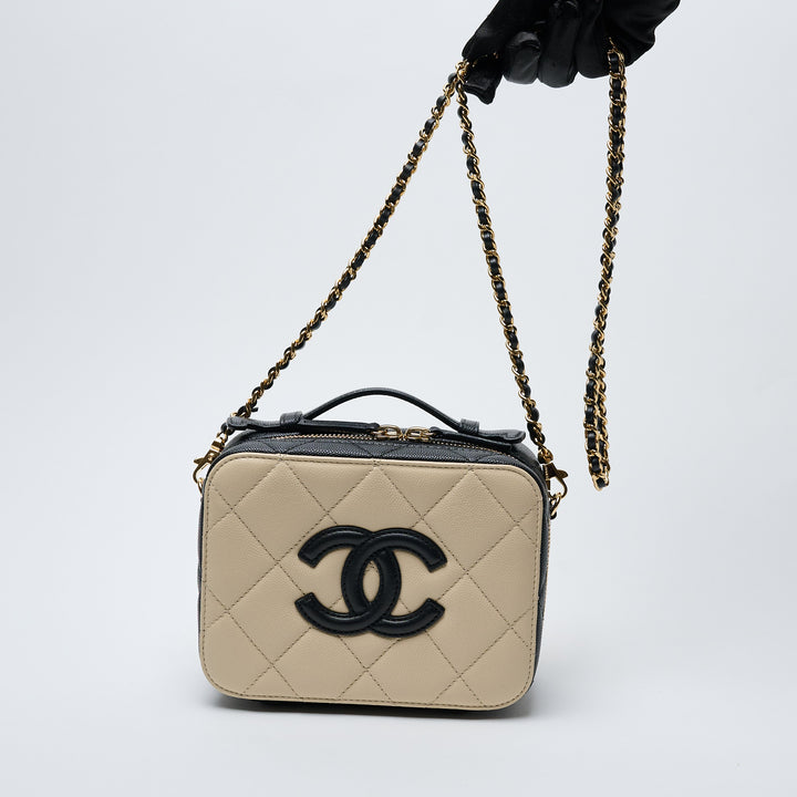 Cream and Black Caviar Leather Filigree Vanity Case. (view 8)