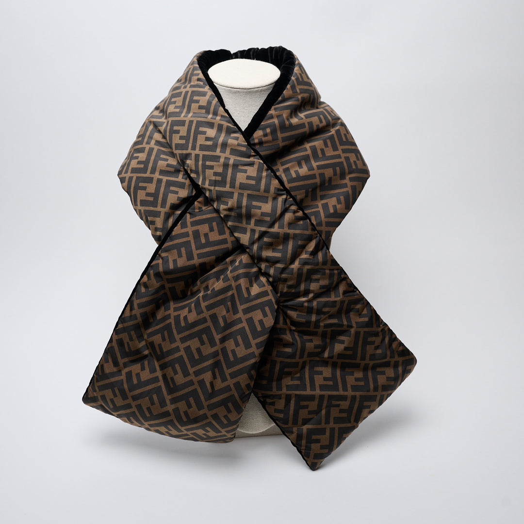 Brown FF Zucca Nylon Puffer Scarf. (front)