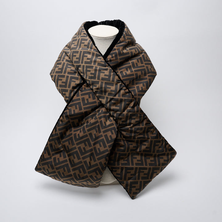 Brown FF Zucca Nylon Puffer Scarf. (front)