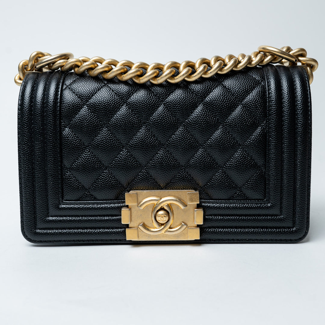 Black Caviar Leather Small Boy Bag. (front)