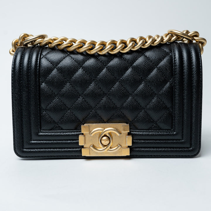 Black Caviar Leather Small Boy Bag. (front)