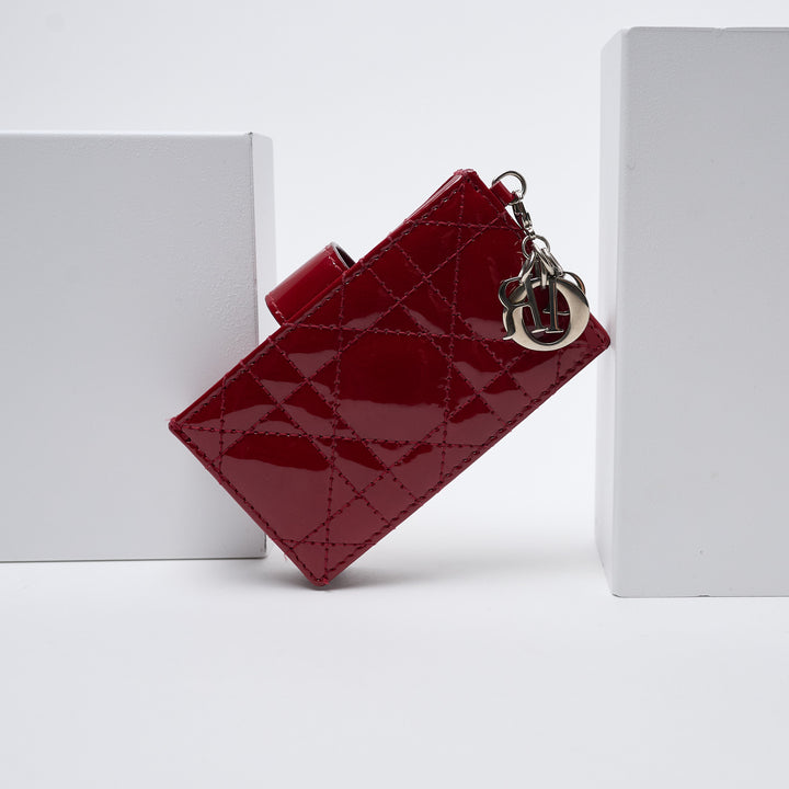 Red Patent Leather Lady Dior Cannage Card Holder. (front)
