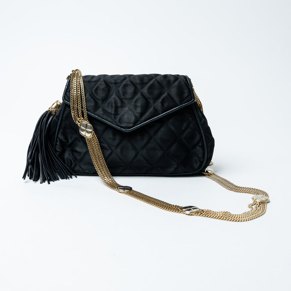 Black Quilted Satin Vintage Tassel Flap Bag. (view 2)