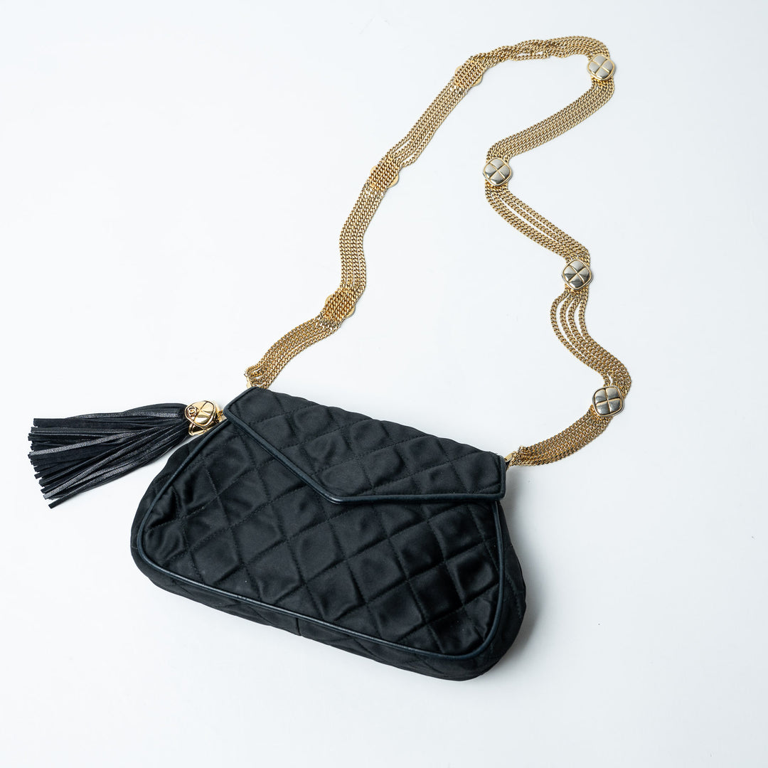 Black Quilted Satin Vintage Tassel Flap Bag. (view 3)