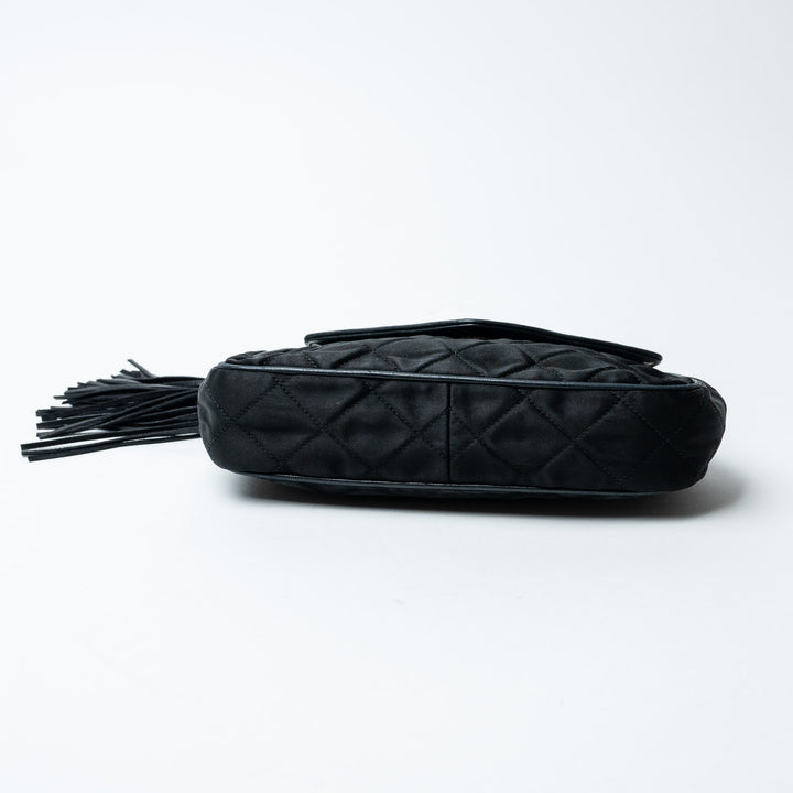 Black Quilted Satin Vintage Tassel Flap Bag. (view 6)