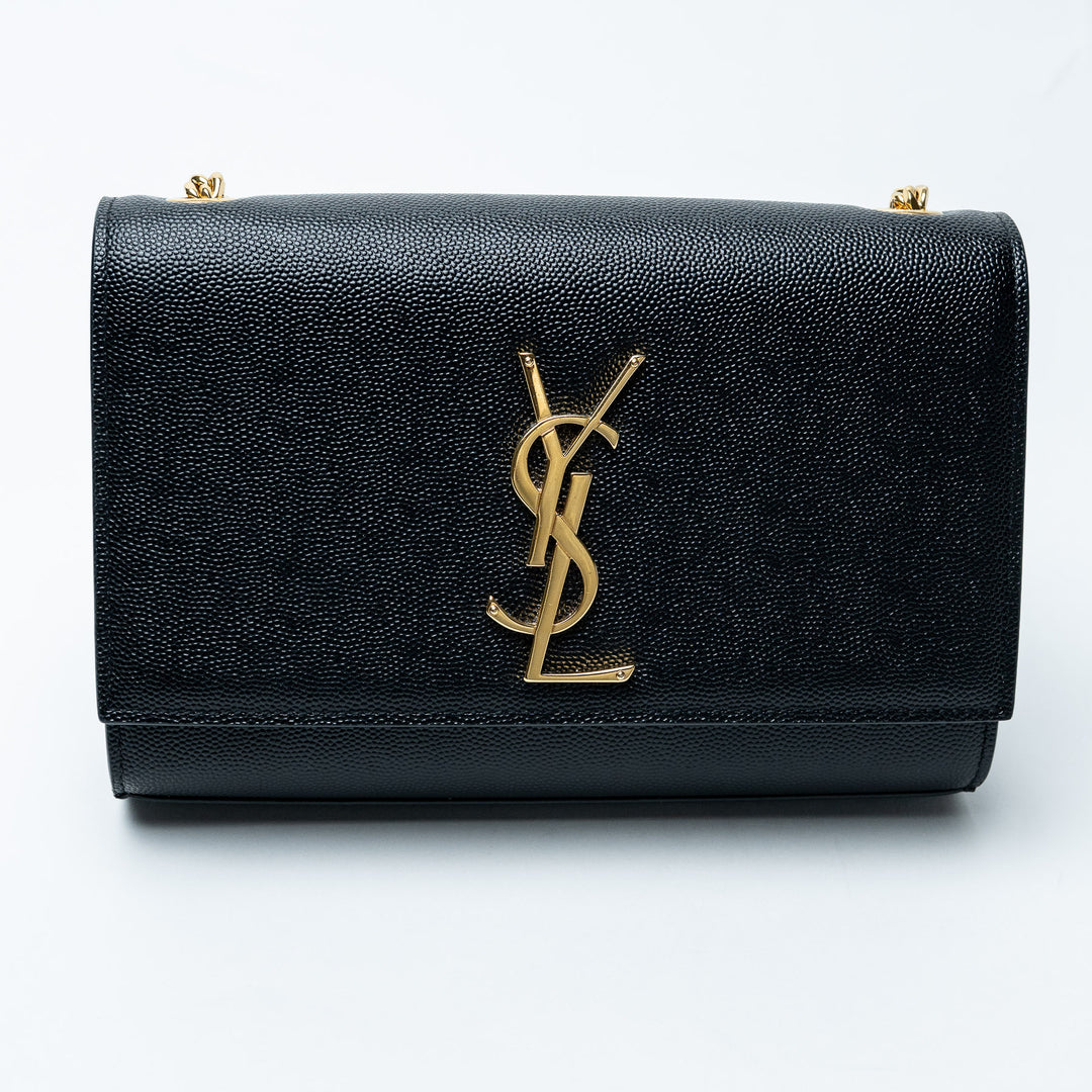 Black Grained Calfskin Leather Small Kate Chain Bag. (front)