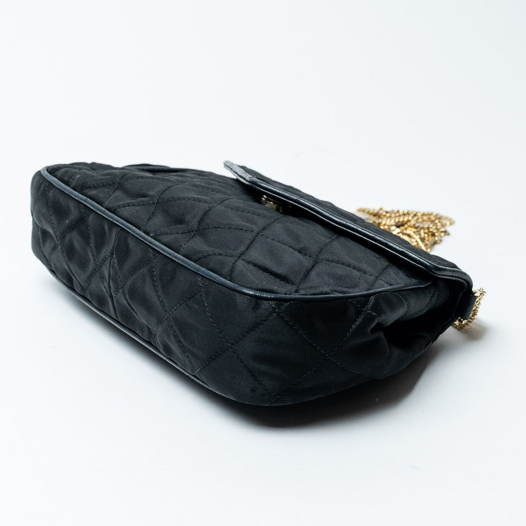 Black Quilted Satin Vintage Tassel Flap Bag. (view 7)