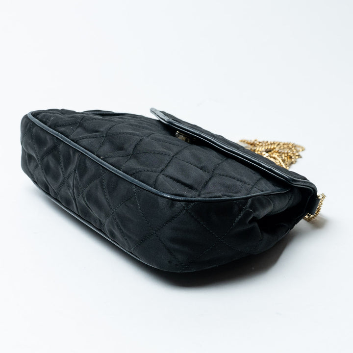 Black Quilted Satin Vintage Tassel Flap Bag. (view 7)