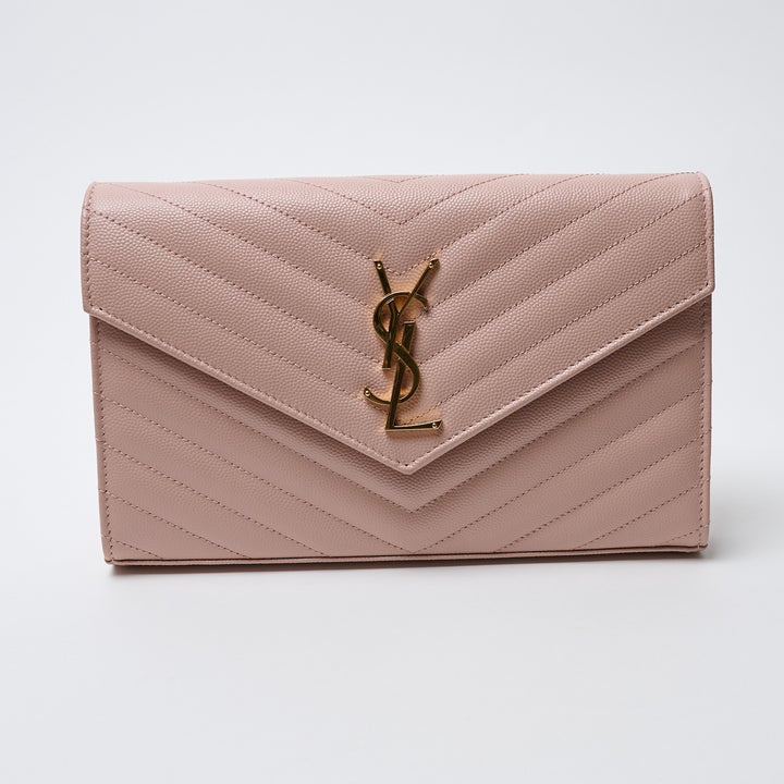 Pink Grain de Poudre Leather Cassandre Envelope Wallet on Chain. (front)
