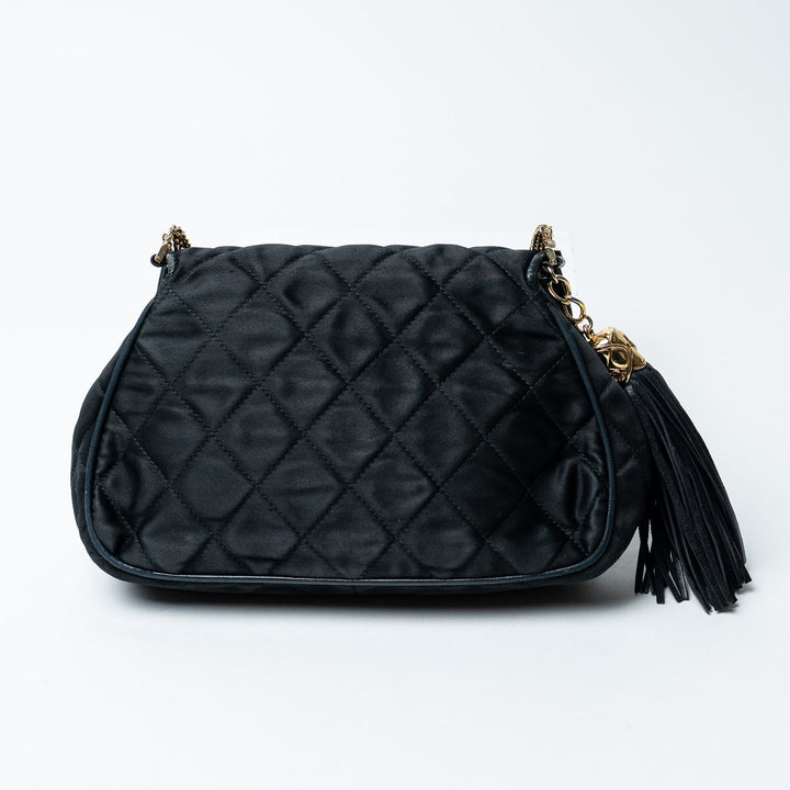 Black Quilted Satin Vintage Tassel Flap Bag. (view 8)