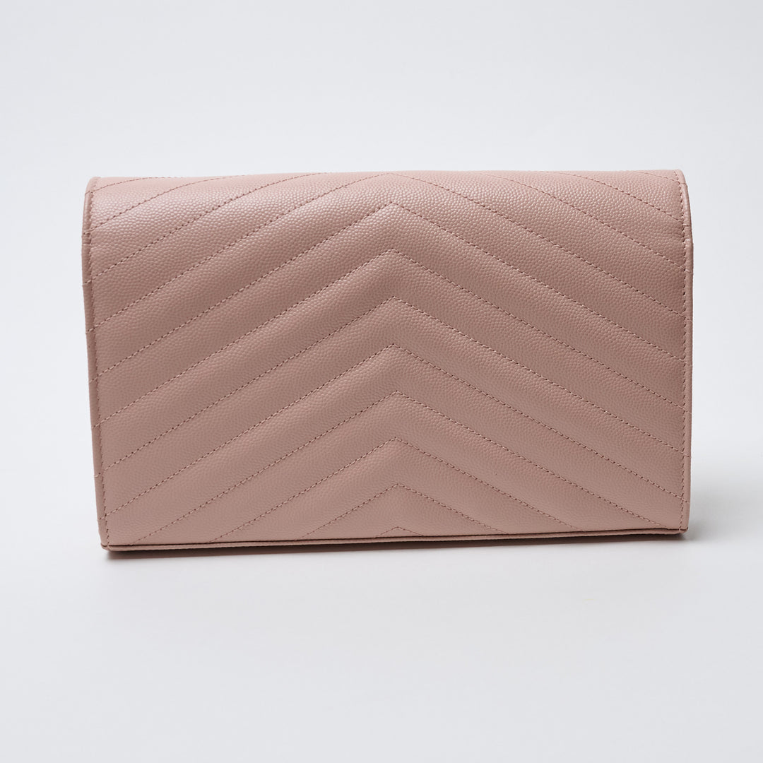 Pink Grain de Poudre Leather Cassandre Envelope Wallet on Chain. (view 2)