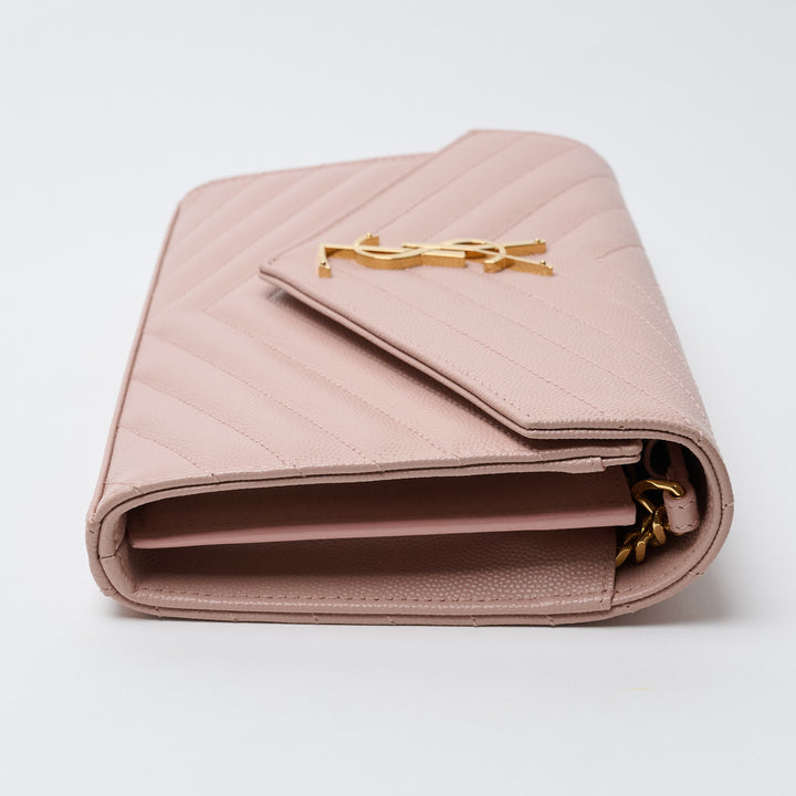 Pink Grain de Poudre Leather Cassandre Envelope Wallet on Chain. (view 3)