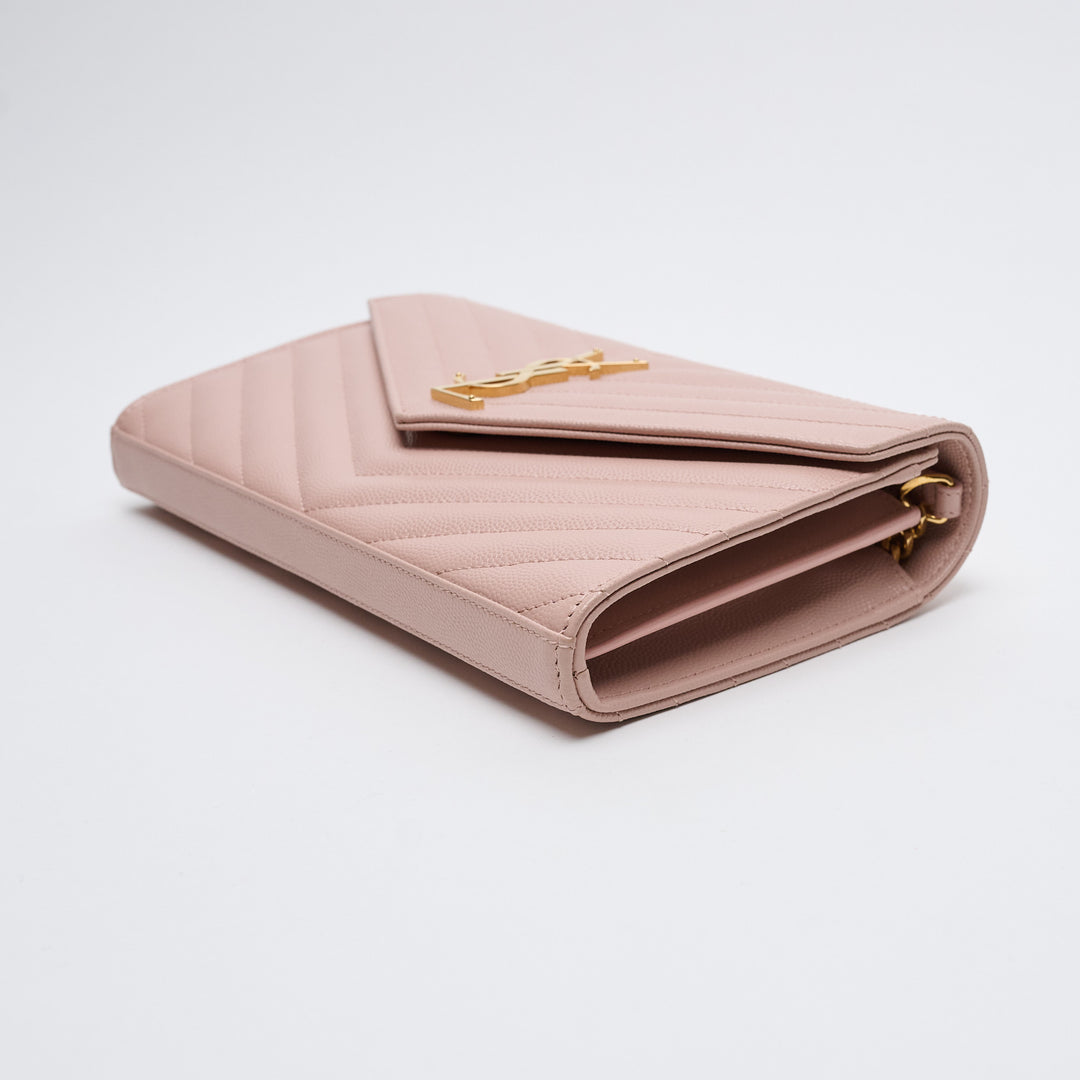 Pink Grain de Poudre Leather Cassandre Envelope Wallet on Chain. (view 4)