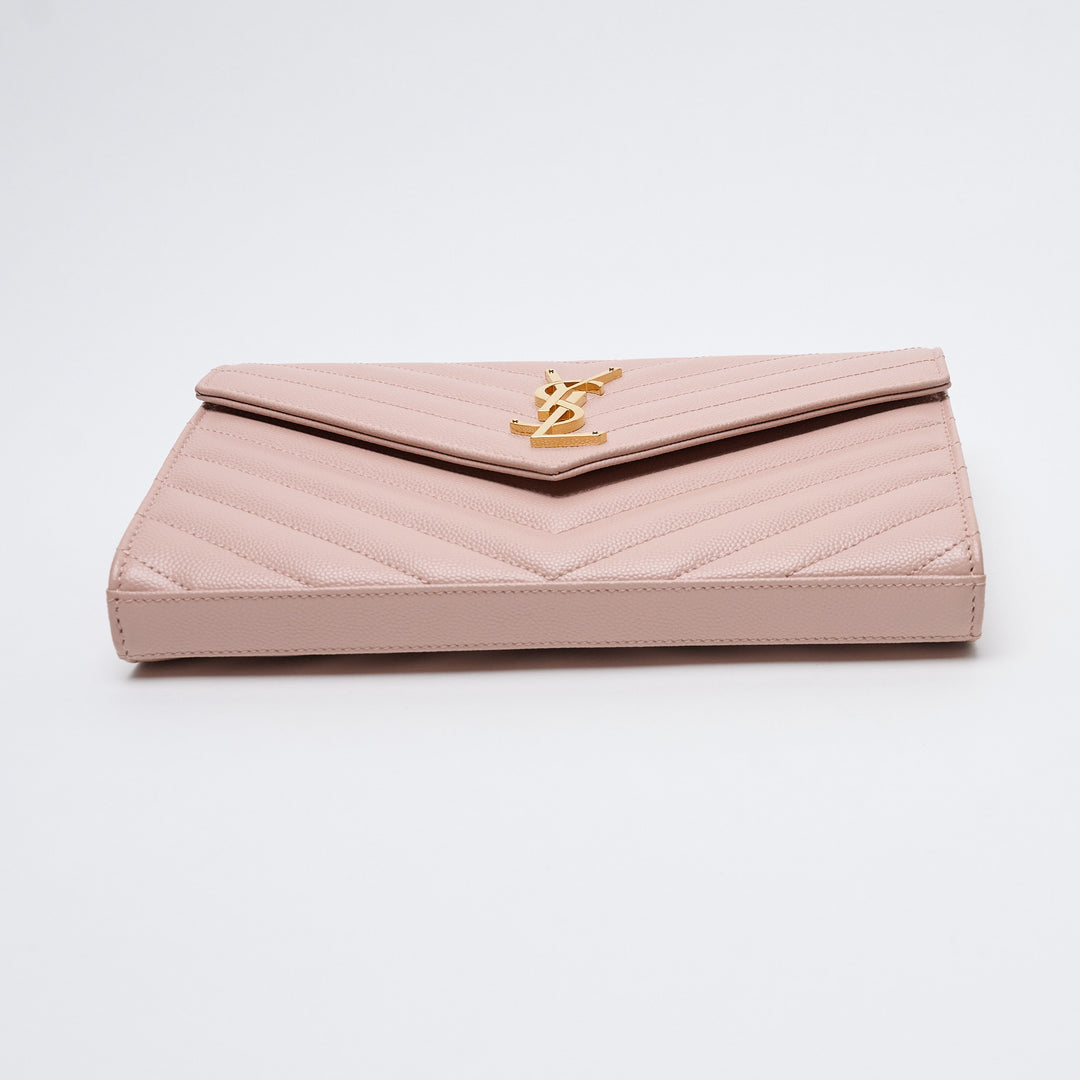 Pink Grain de Poudre Leather Cassandre Envelope Wallet on Chain. (view 5)