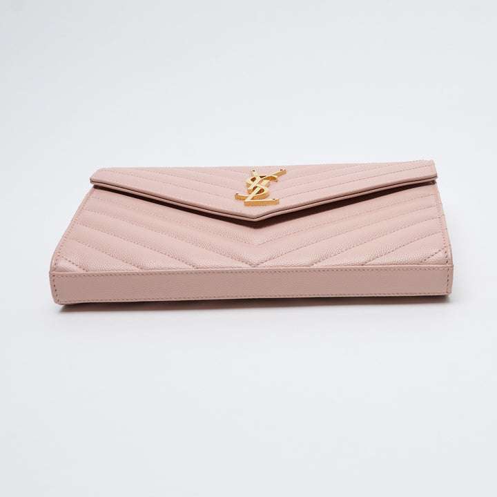 Pink Grain de Poudre Leather Cassandre Envelope Wallet on Chain. (view 5)