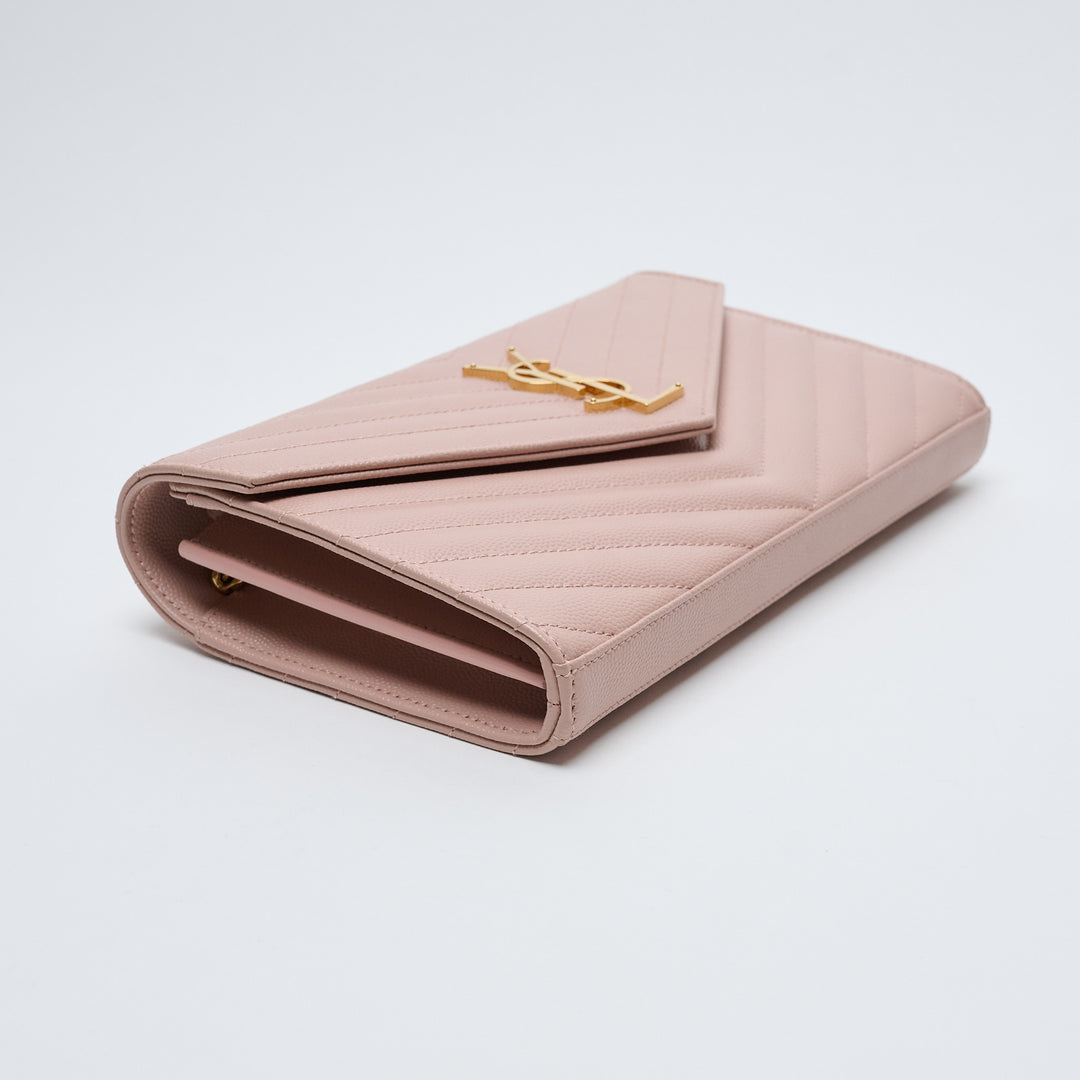 Pink Grain de Poudre Leather Cassandre Envelope Wallet on Chain. (view 6)