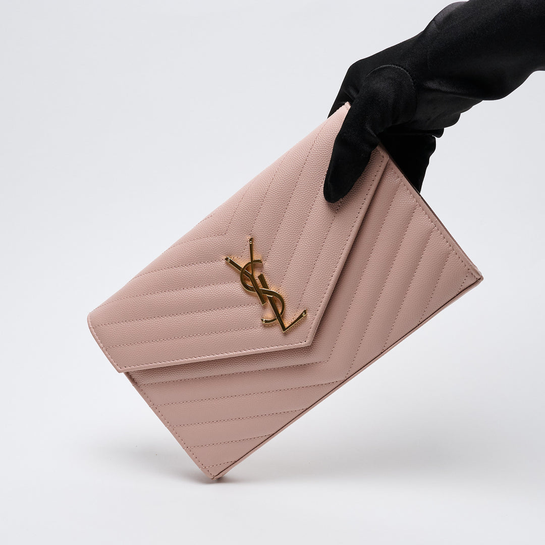 Pink Grain de Poudre Leather Cassandre Envelope Wallet on Chain. (view 7)