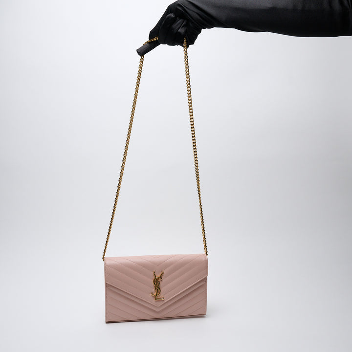 Pink Grain de Poudre Leather Cassandre Envelope Wallet on Chain. (view 8)