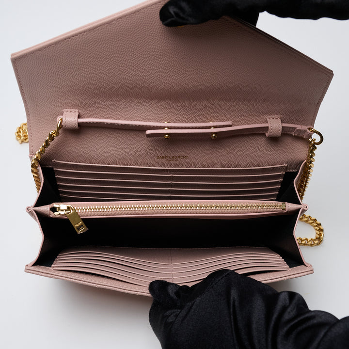 Pink Grain de Poudre Leather Cassandre Envelope Wallet on Chain. (view 9)