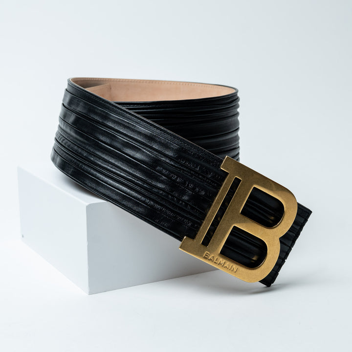 Black Pleated Lambskin Leather B-Belt. (front)